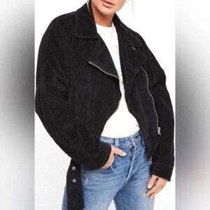 Free People Corduroy Slouchy Jacket Moto Belted Bomber Black Oversized
